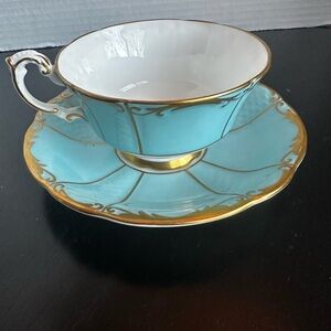 PARAGON Turquoise and White Footed Teacup and Saucer with Gold Filigree A2952/15